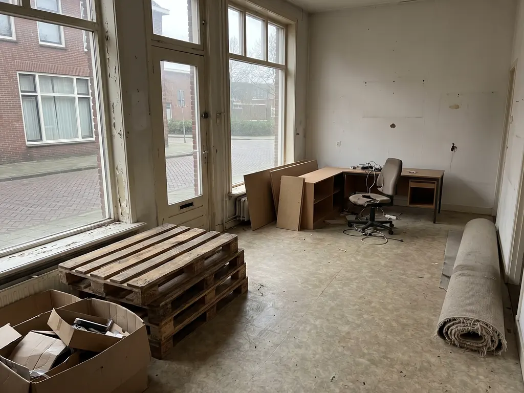 Voormalige winkelruimte in Zierikzee vol met stellingkasten, pallets en restvoorraad, vóór de bedrijfsontruiming