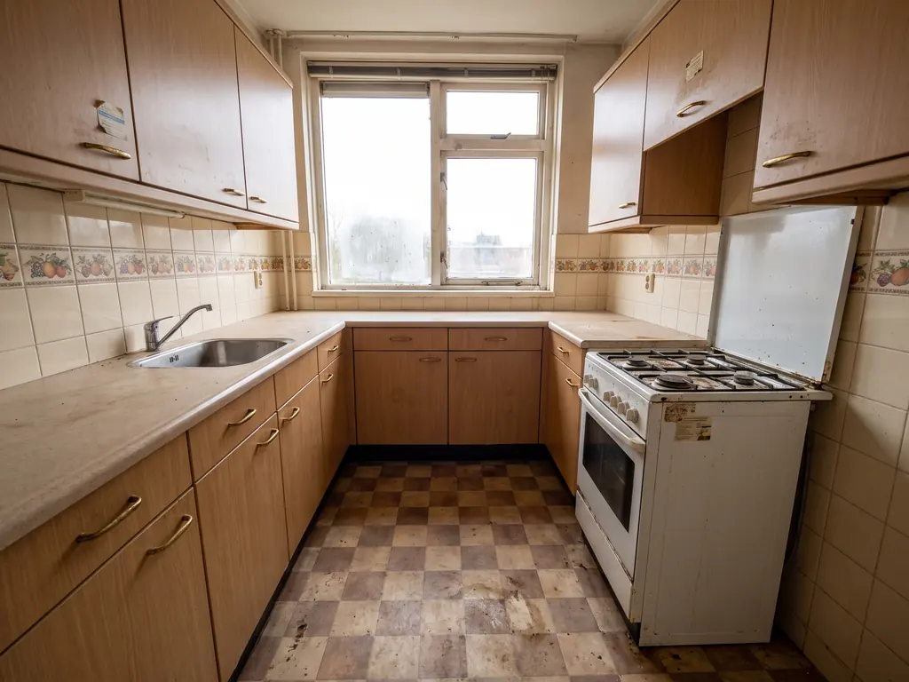 Gedateerde keuken in een appartement in Vlissingen met eiken kastjes, wandtegels en vinylvloer, vóór het stripwerk